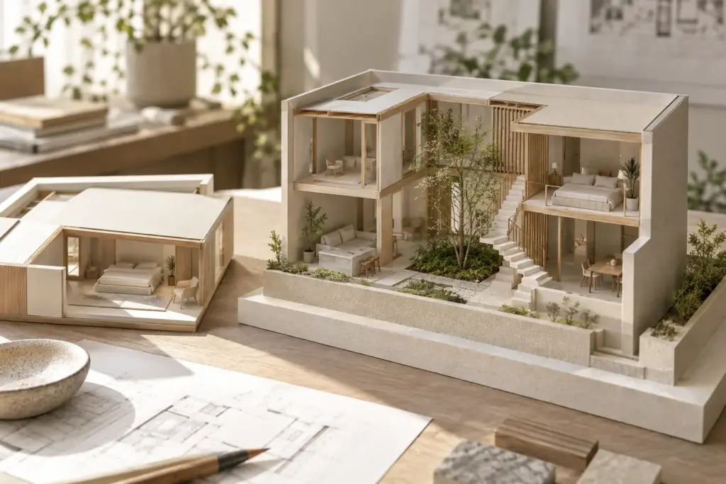 How to Read a Plot Feasibility Study Before Buying a Landed Home 1 Sectional house model with a removable upper floor, stair and central courtyard