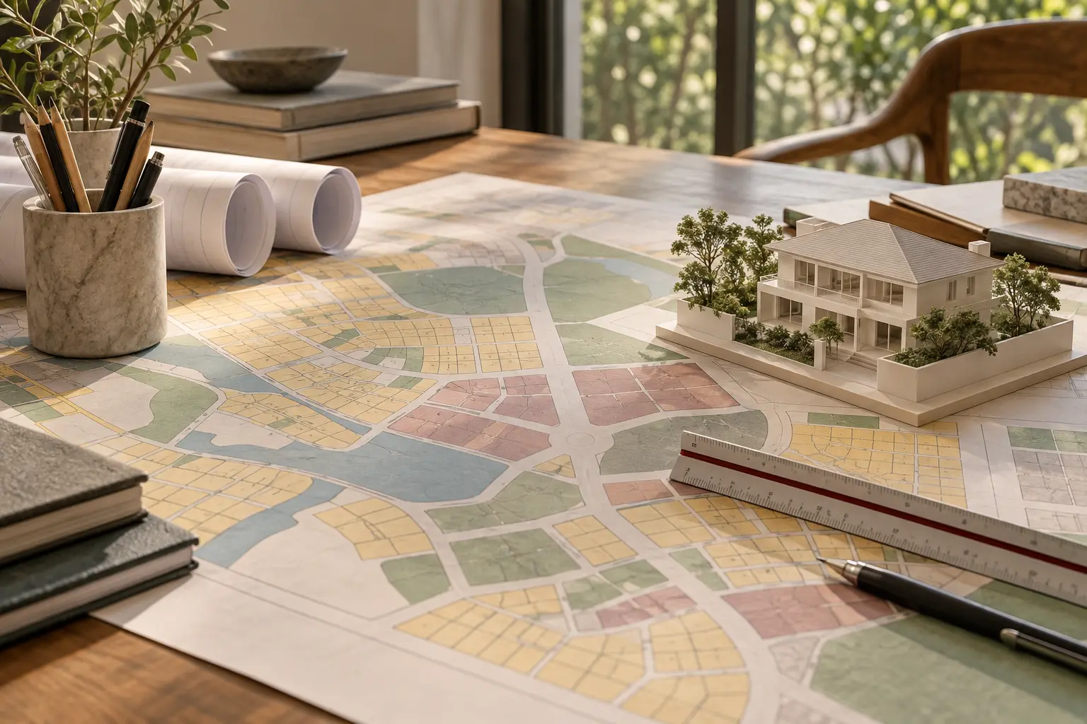 Conceptual land-use map and a small house model on an architectural planning desk