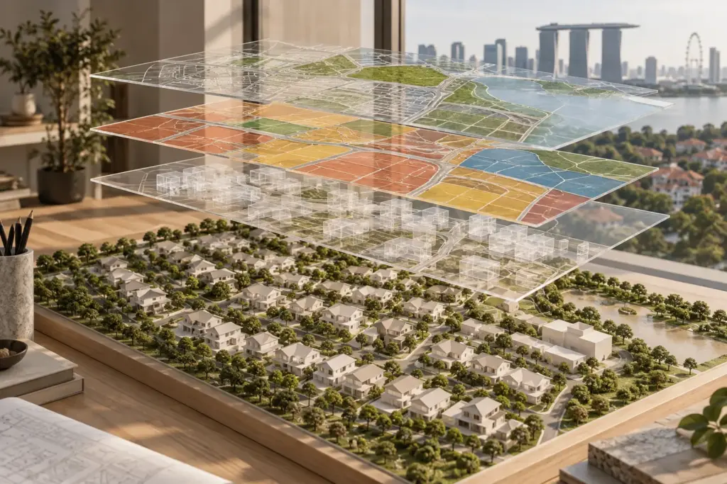 Reading the Master Plan and Zoning for a Landed Plot in Singapore 1 Transparent planning layers above a model of low-rise landed housing