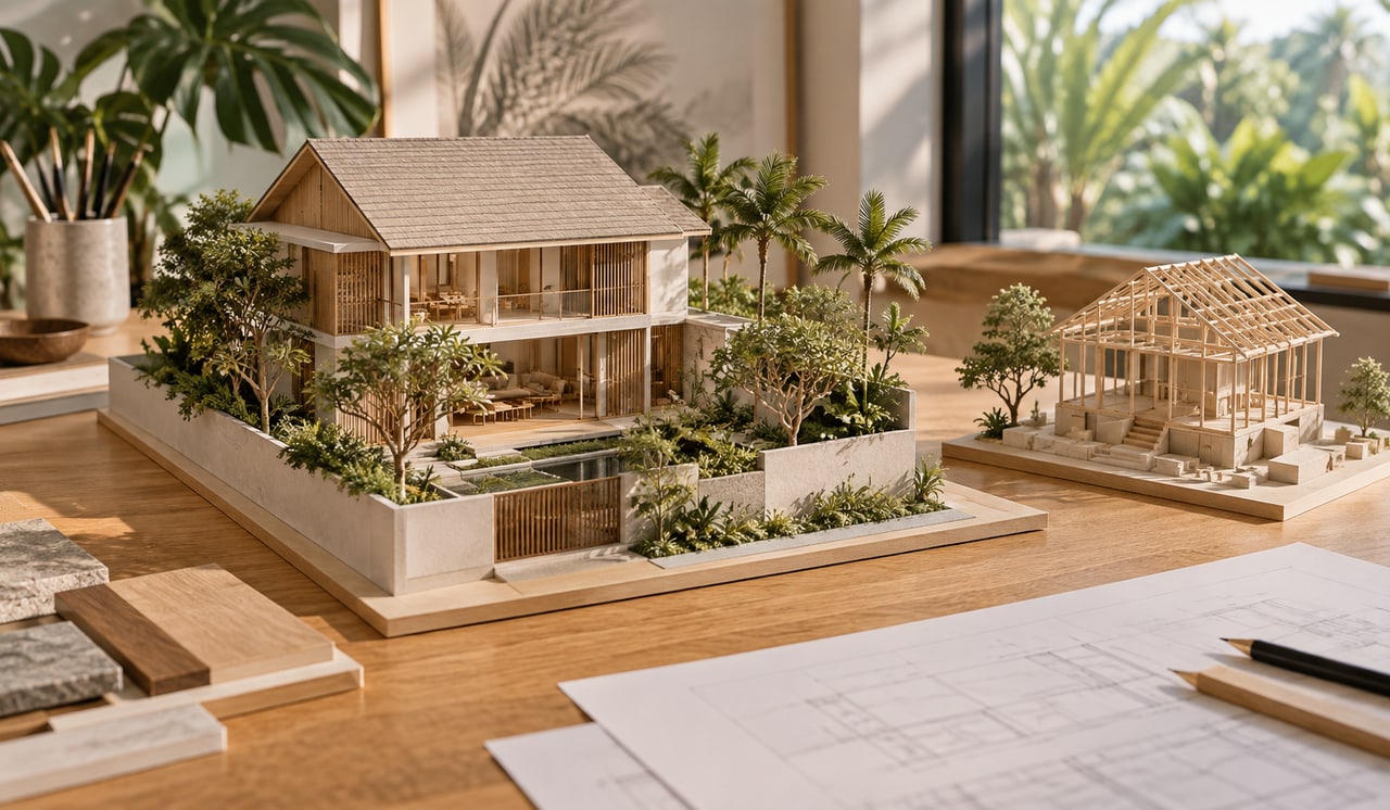 Architectural models of a completed Singapore landed home and its structural frame