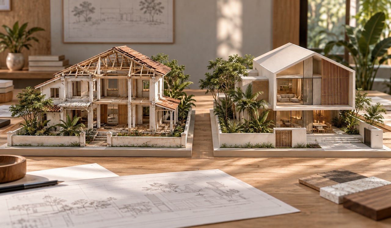 Architectural comparison of a retained house structure and a fully rebuilt landed home