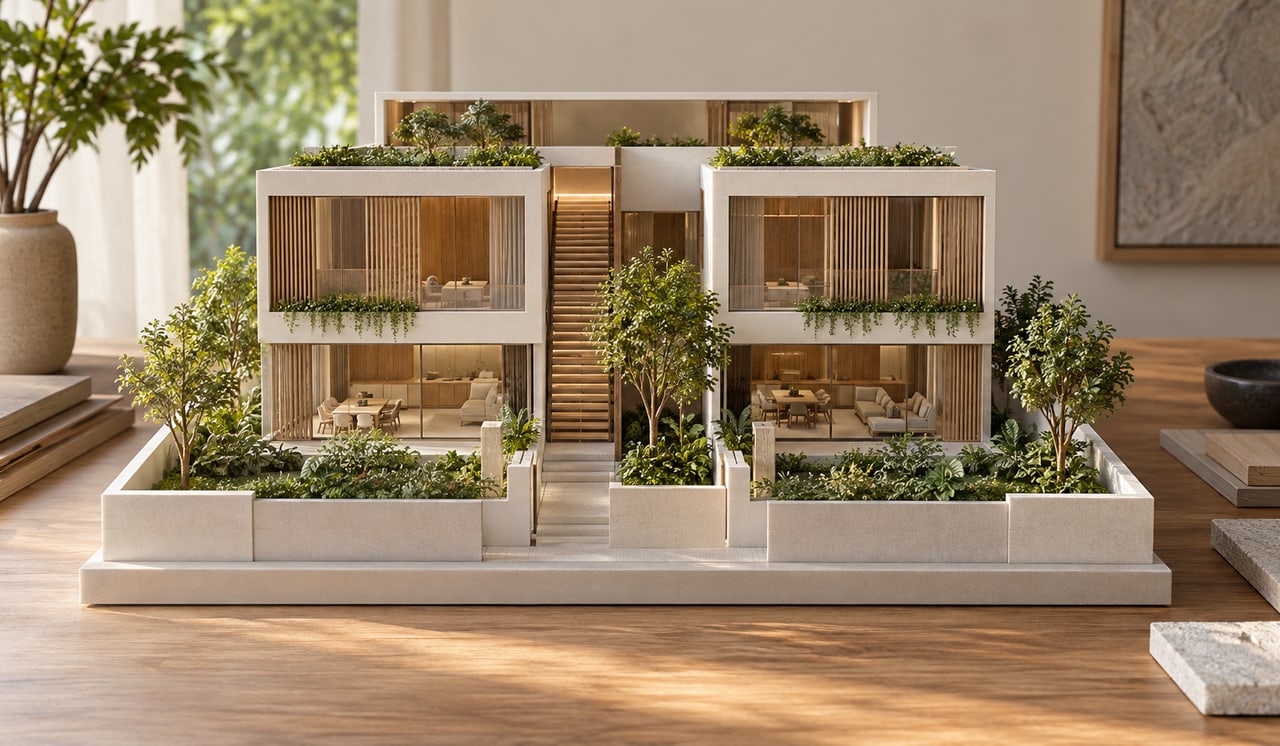 Contemporary landed house concept model with coordinated circulation and planting