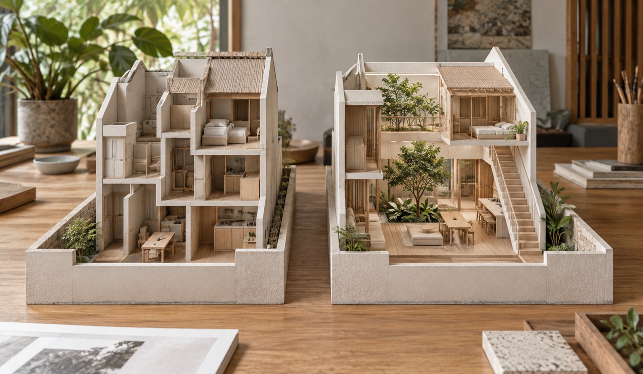 When Reconstruction Wins on Cost & Outcome for Landed Homes 1 Cutaway models comparing a fragmented existing layout with a courtyard-led redesign