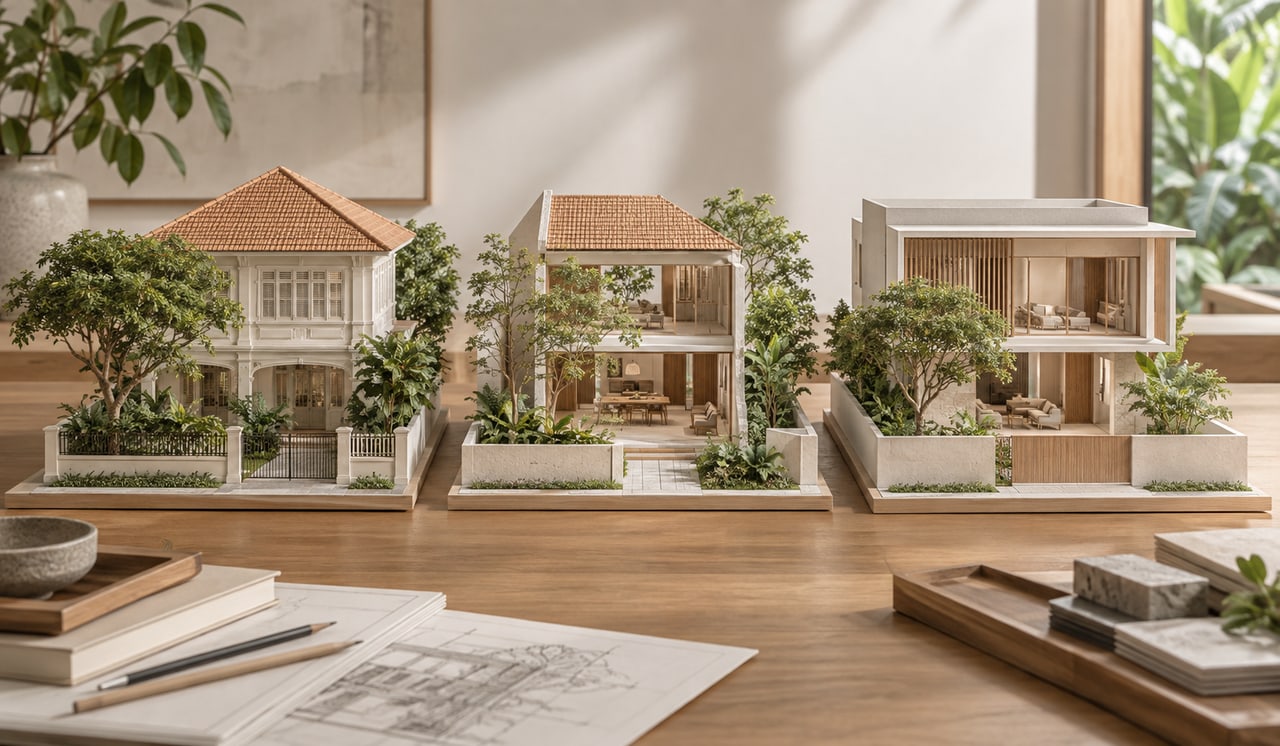 Three architectural models exploring retention, alteration and replacement of a landed home
