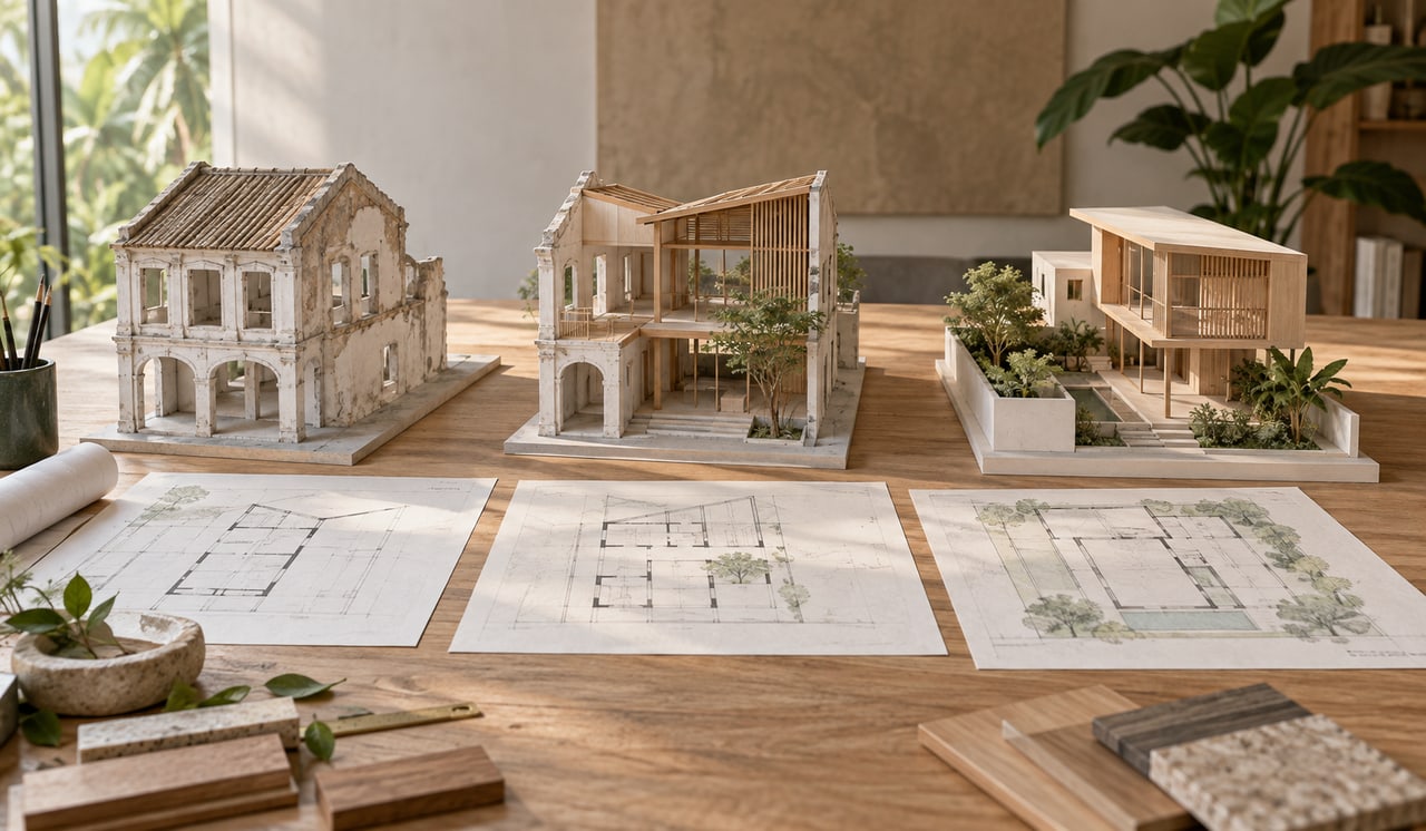 Landed Home Redevelopment Pathway: Which Route Applies? 1 Study models comparing a retained shell, partial rebuilding and a new house