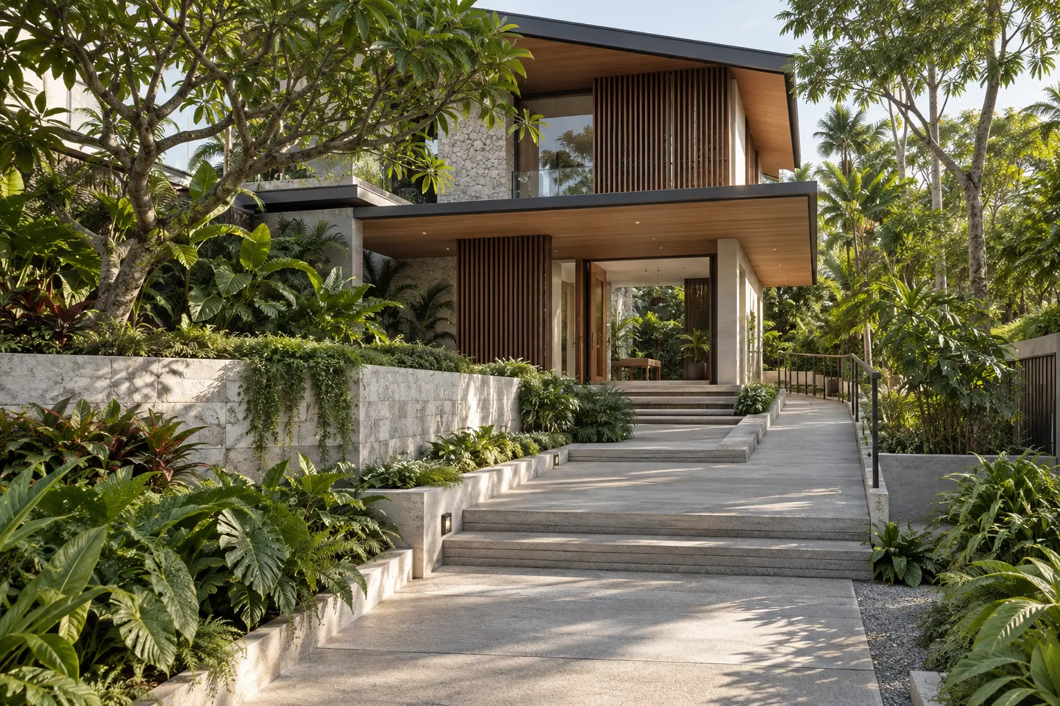 Conceptual tropical landed house following a gently sloping landscaped site