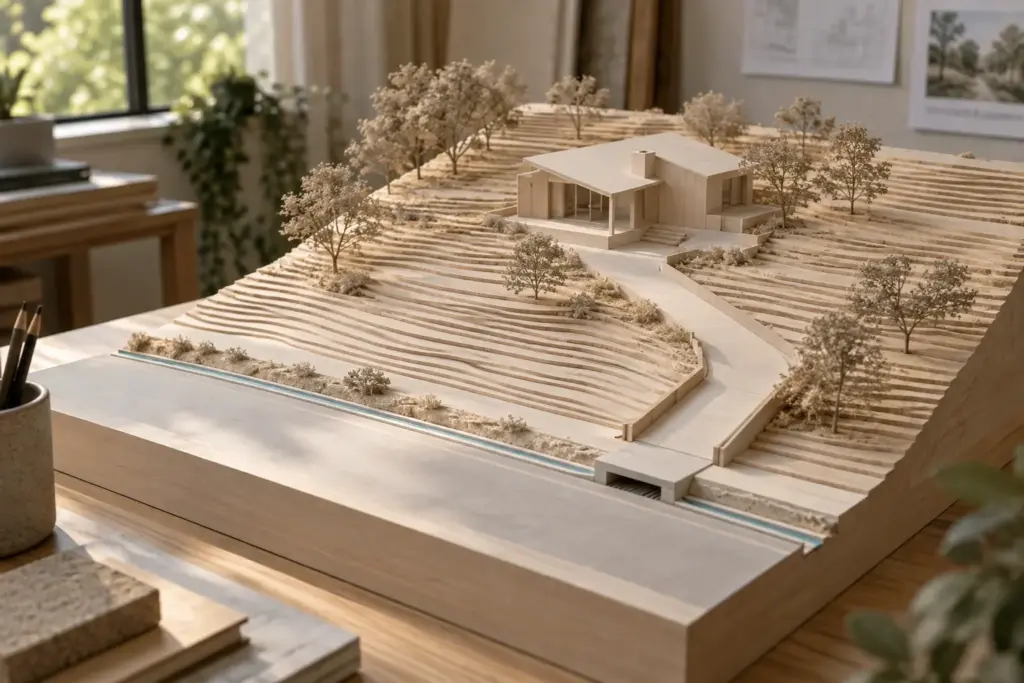 Landed Site Conditions: Slope, Drainage Reserves and Access 1 Physical site model showing stepped terrain, house position, driveway and drainage route