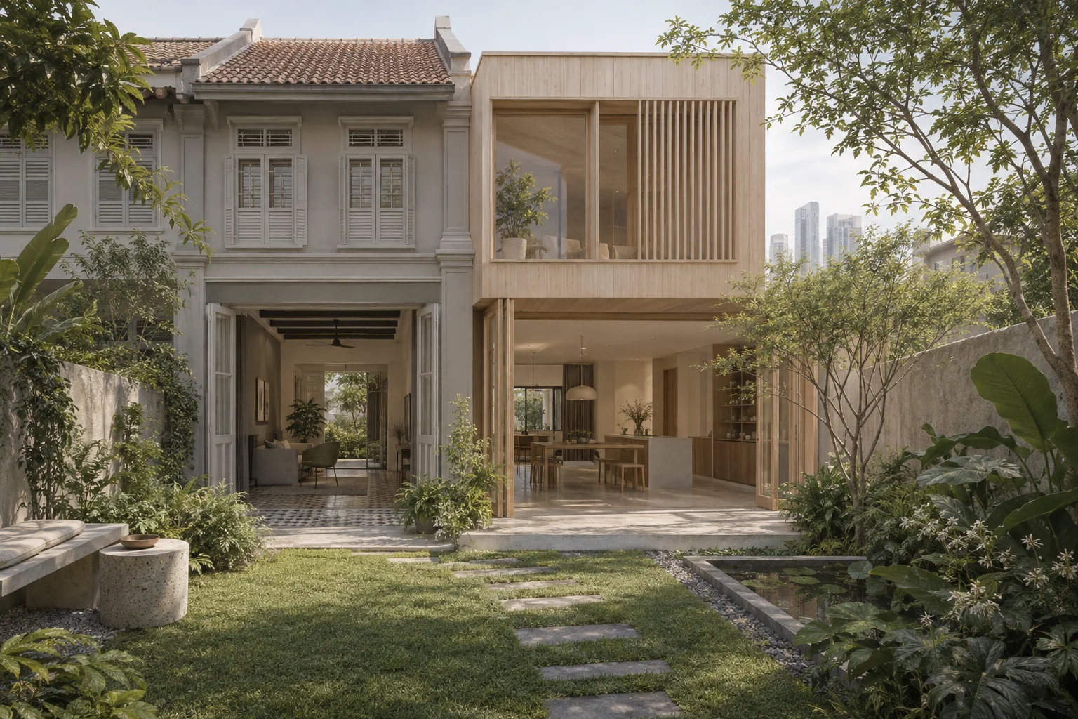 Conceptual existing landed home beside a contemporary extension