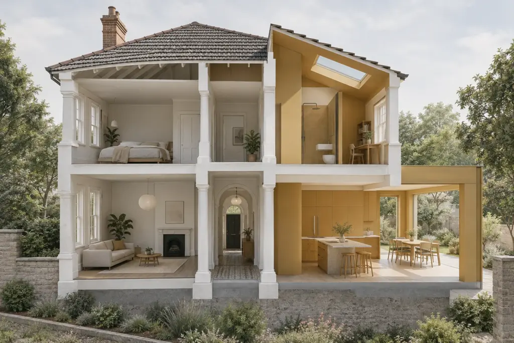 What Counts as Additions and Alterations Under URA? 1 Cutaway illustration distinguishing retained and new parts of a house