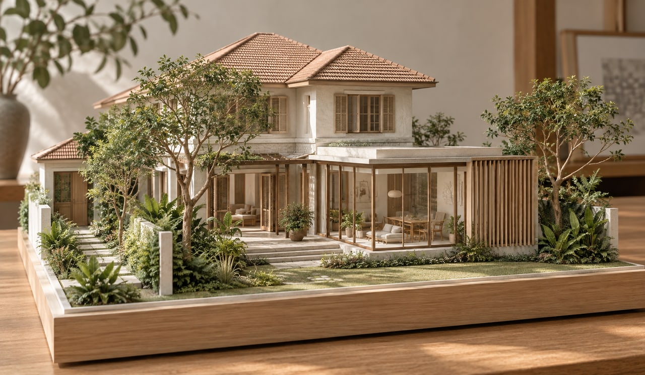 Model of an existing landed home improved with a glazed garden room and timber shading