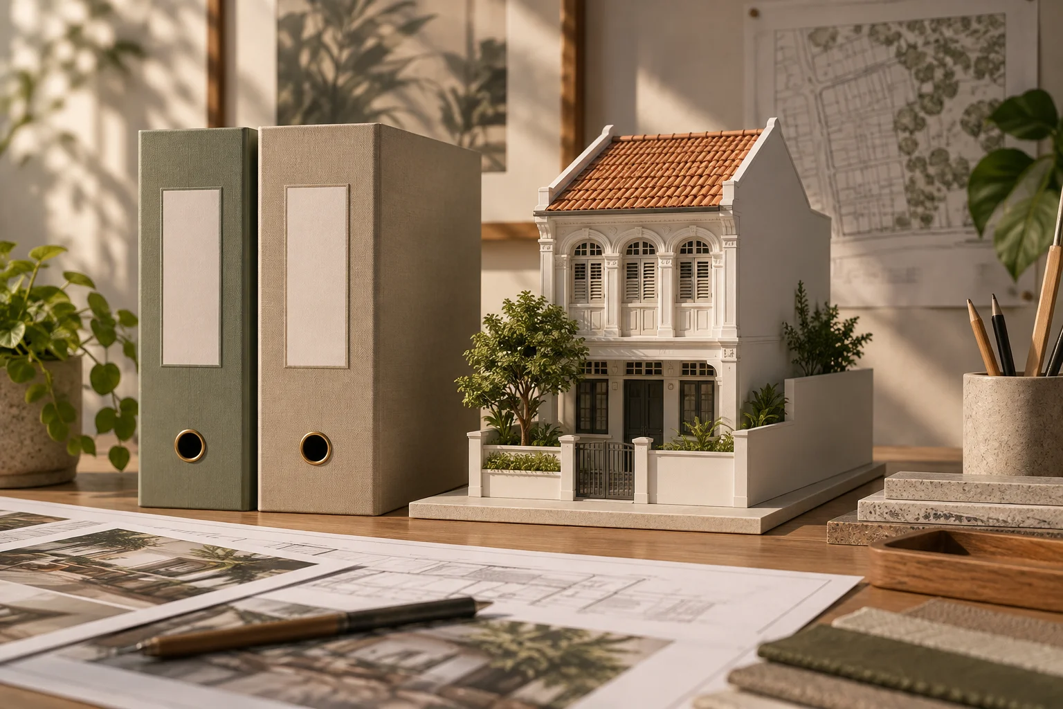 Two document folders beside a model of a landed home