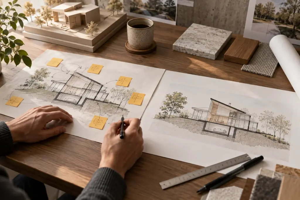 Written Permission vs Provisional Permission for Landed Homes 1 Hands reviewing architectural sections and marked design comments