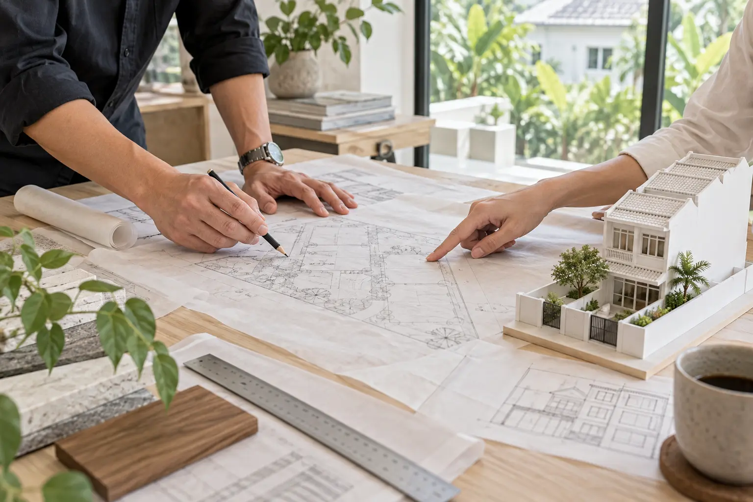 Architect and prospective homeowner reviewing a site plan beside a landed-house model