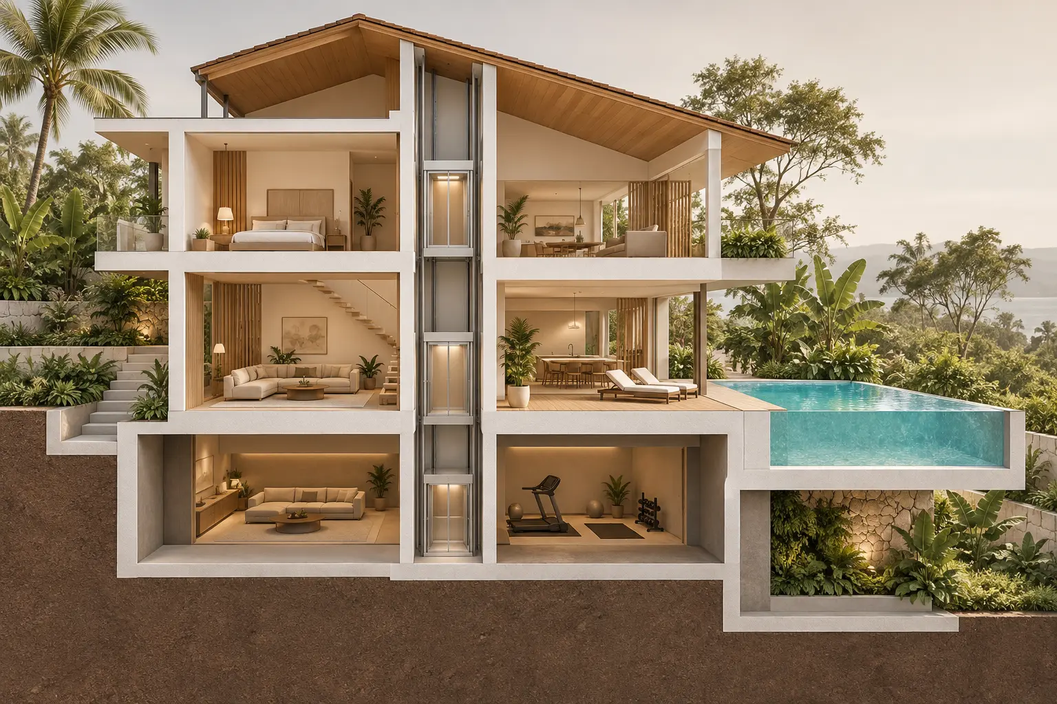 Conceptual landed-home section showing a basement, home lift and outdoor pool