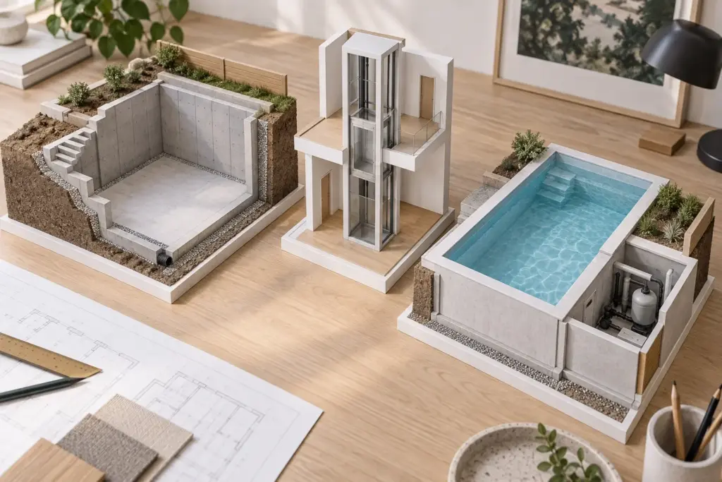 Separate models illustrating a basement structure, lift shaft and pool with equipment space