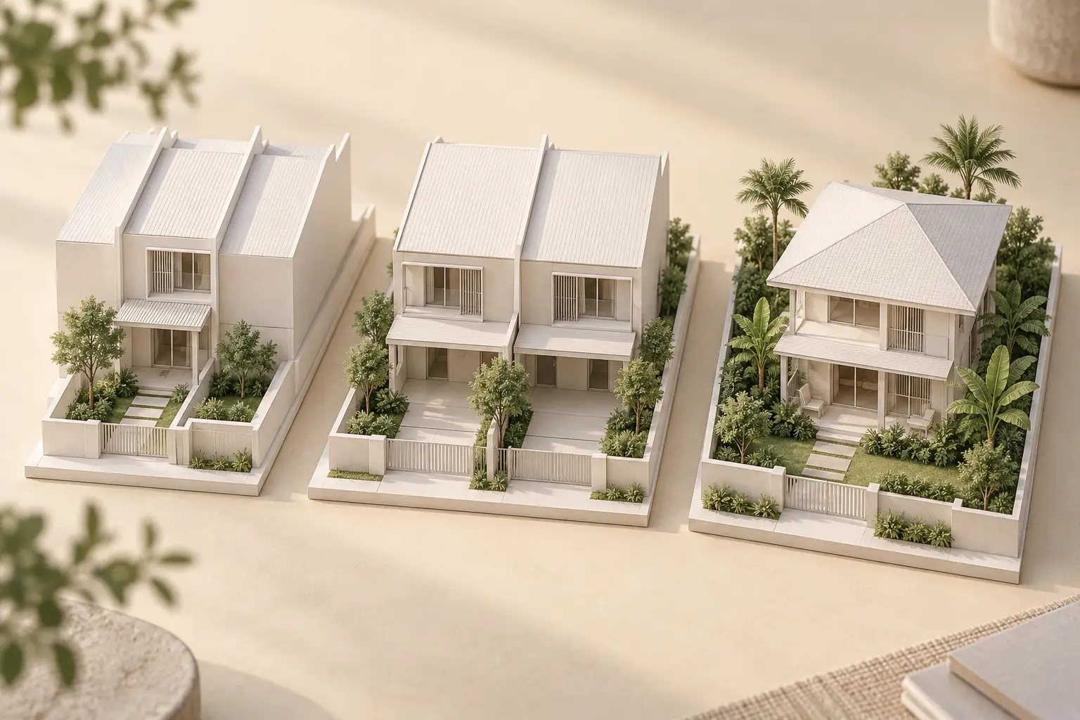 Conceptual models comparing an inter-terrace, semi-detached pair and detached tropical house