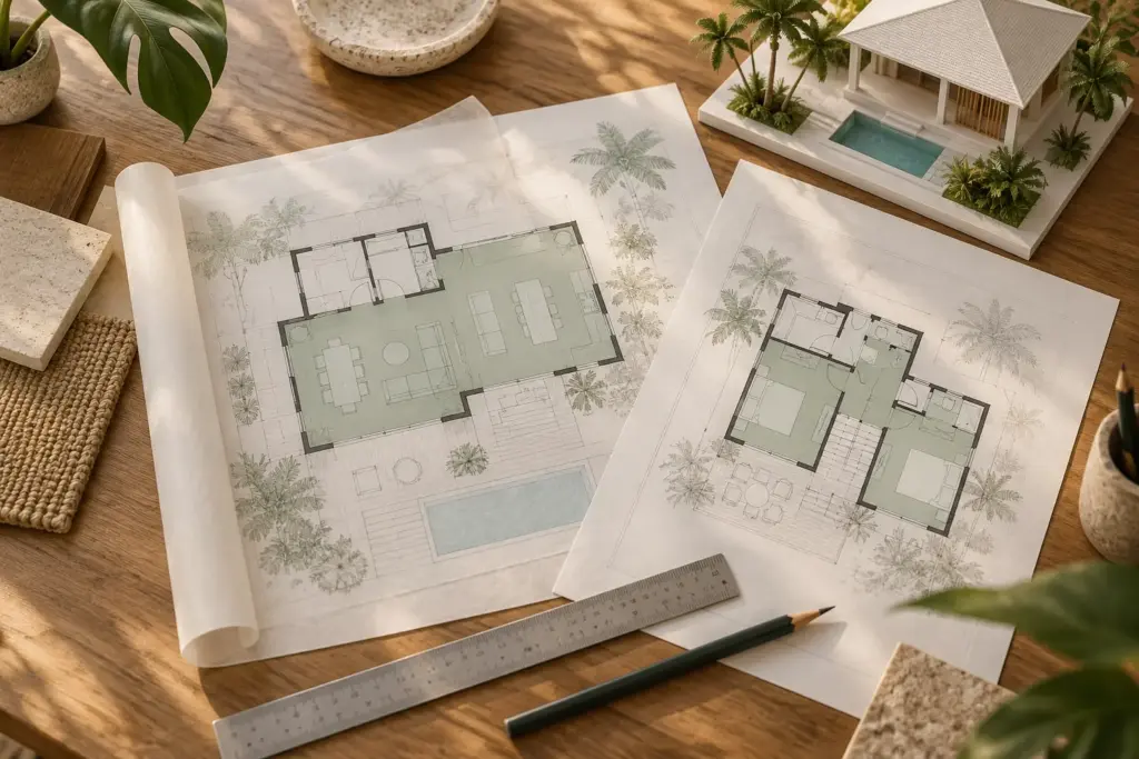 Construction Cost per Sqft by Landed Type in Singapore 1 Two architectural floor plans with highlighted floor areas beside a ruler and house model