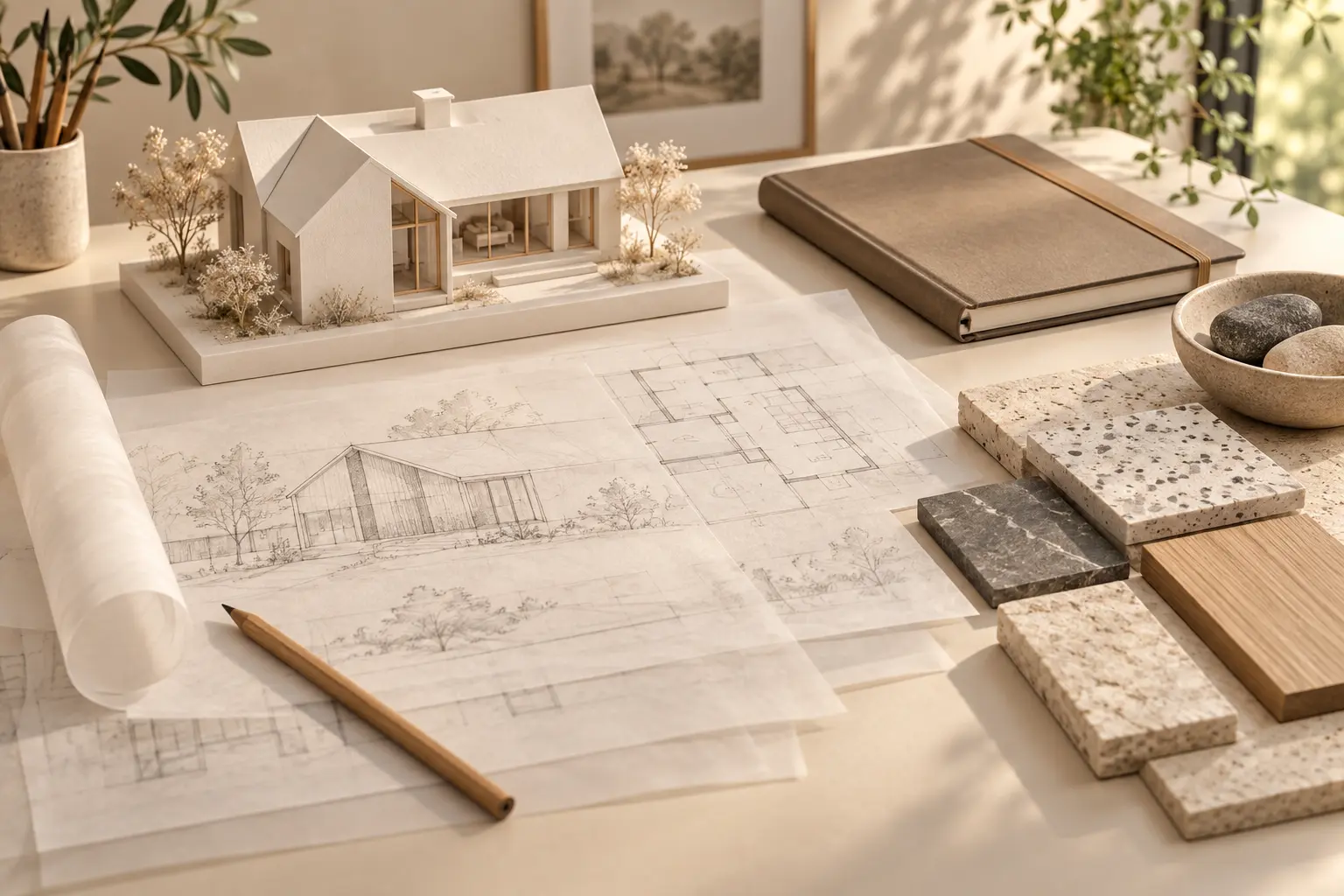 House study model, tracing paper and material samples arranged for a project budget review