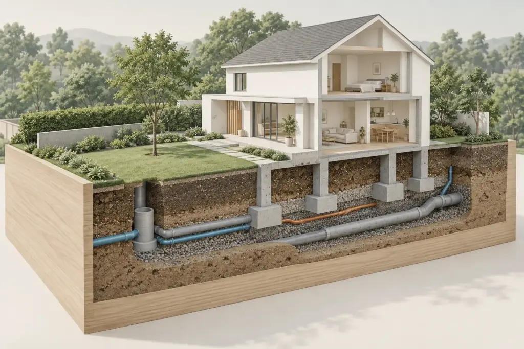 Conceptual cutaway house showing foundations and buried services beneath the landscaped site