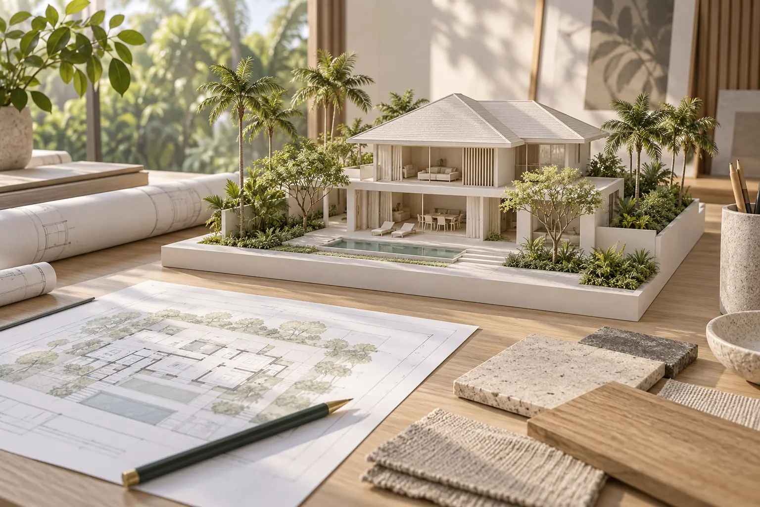 Tropical landed-house study model with drawings and material samples on an architectural studio table