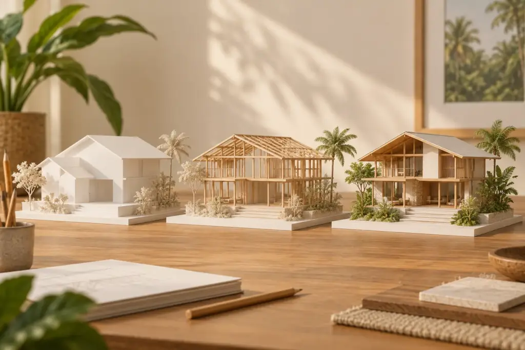 Building a Landed Home in Singapore: Cost, Timeline & Process 1 Three conceptual house models showing massing, structural framework and a completed design