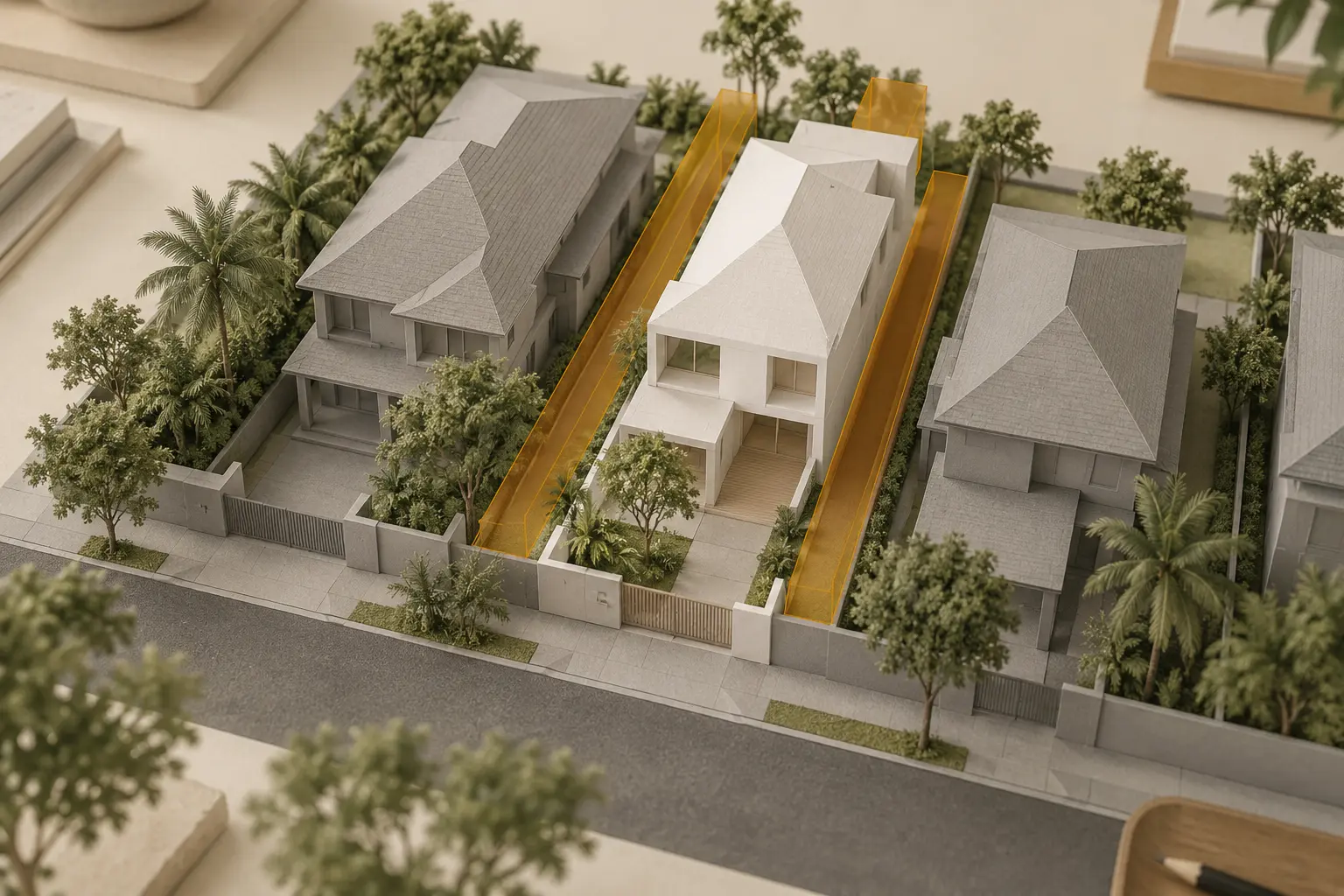 Conceptual landed-house model with amber overlays marking potential development constraints