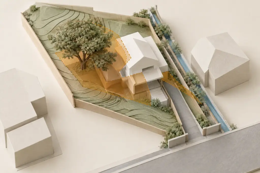 Development Red Flags That Can Derail a Landed Home Purchase 1 Irregular plot model showing a sloping site, tree, drainage channel and overlapping constraints