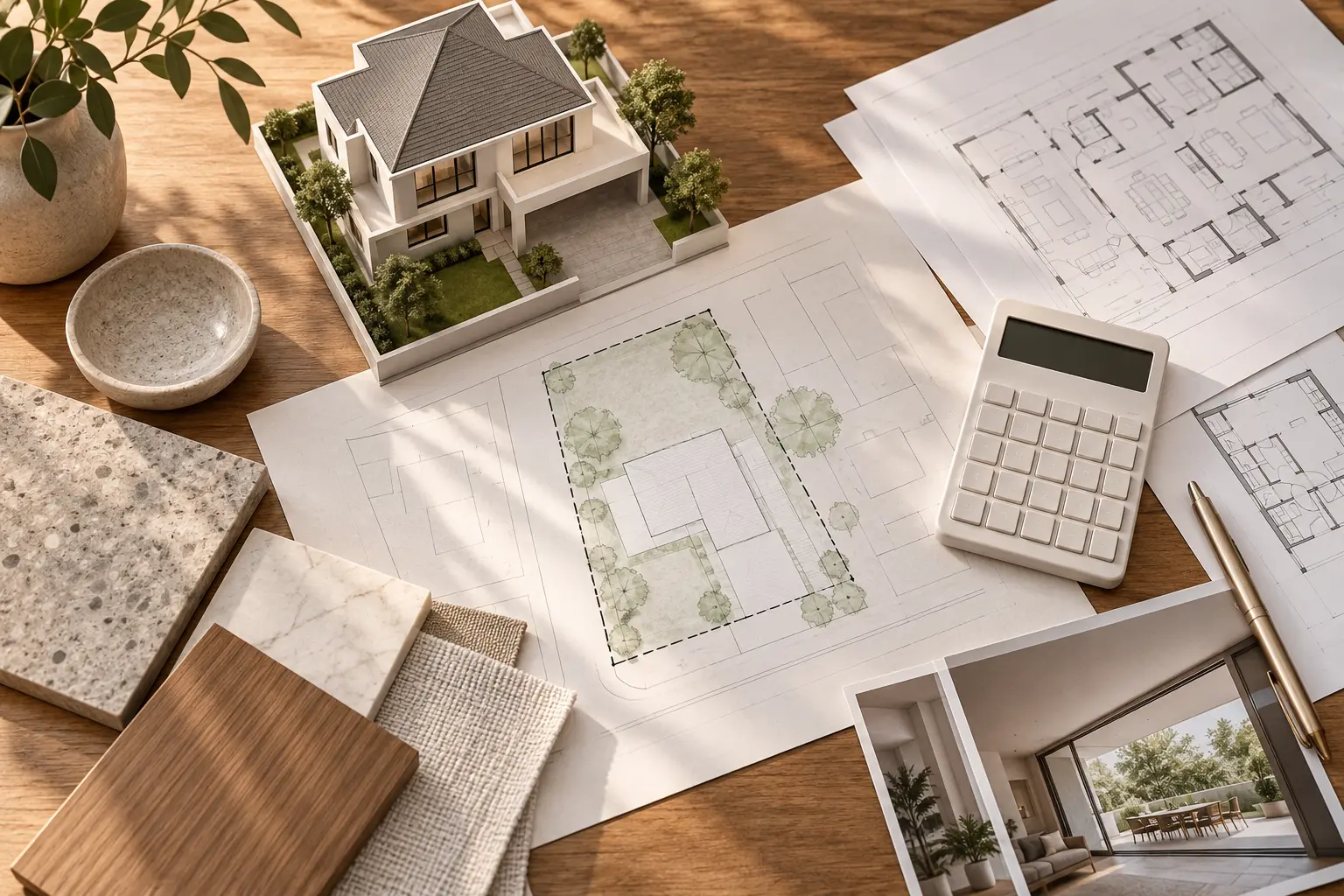 House model, plans, calculator and material samples illustrating a landed-home budget review