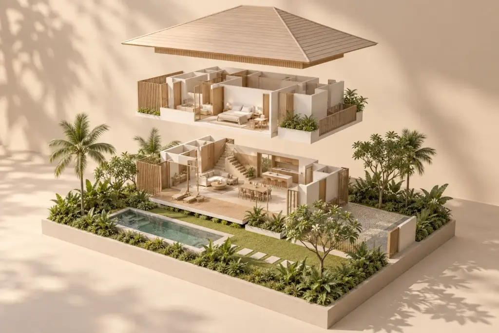 Landed Home Cost Breakdown: Land, Design, Construction & Fees 1 Exploded conceptual house model separating roof, floors and landscaped plot