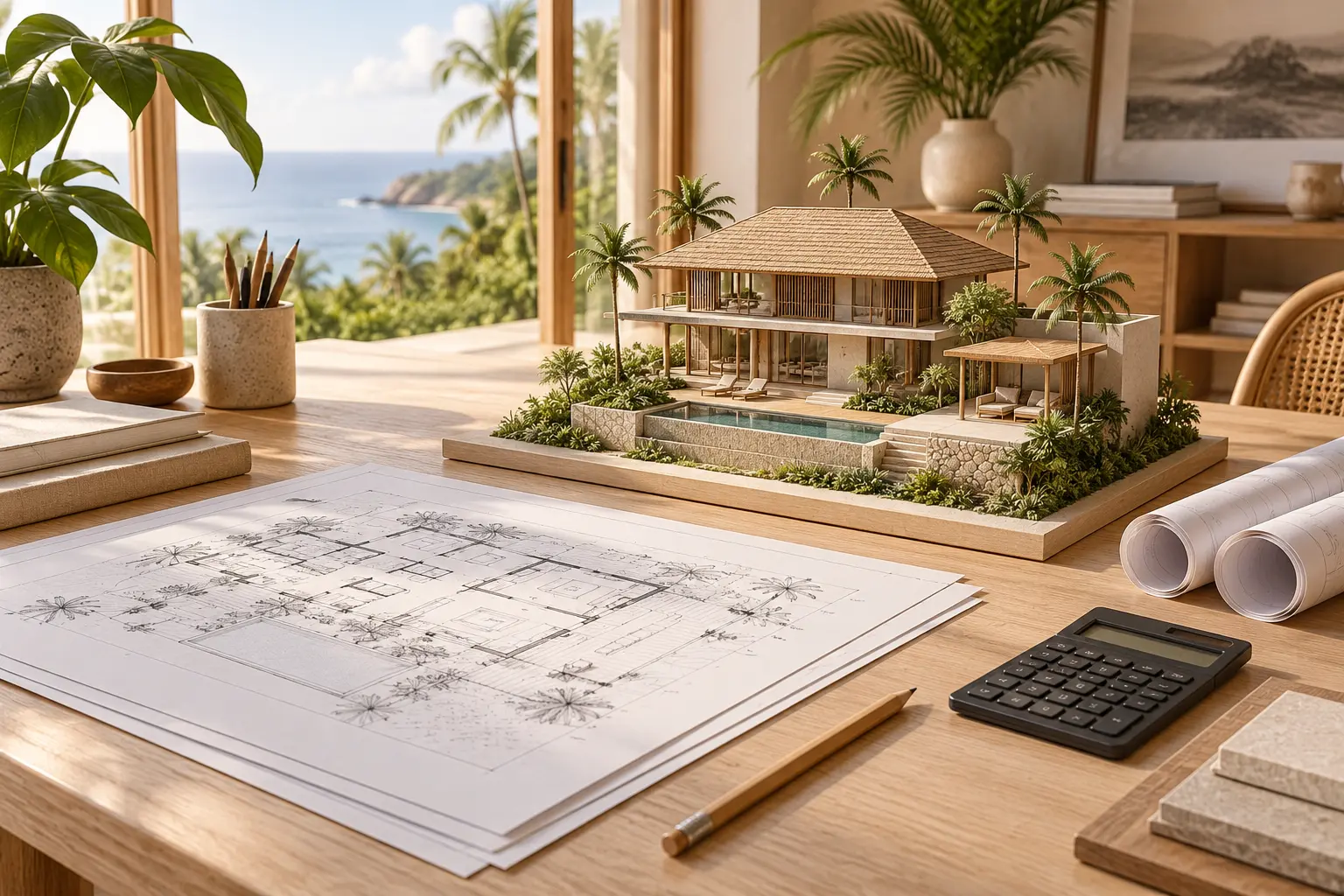 Tropical house model, architectural plans and calculator illustrating professional fee planning