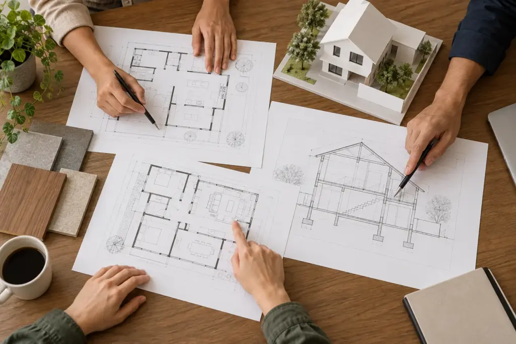 Three people reviewing architectural and structural drawings beside a house model